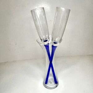 Vintage Newbury Collections Champagne 13" Blue Flutes with 8" Glass Vase Open